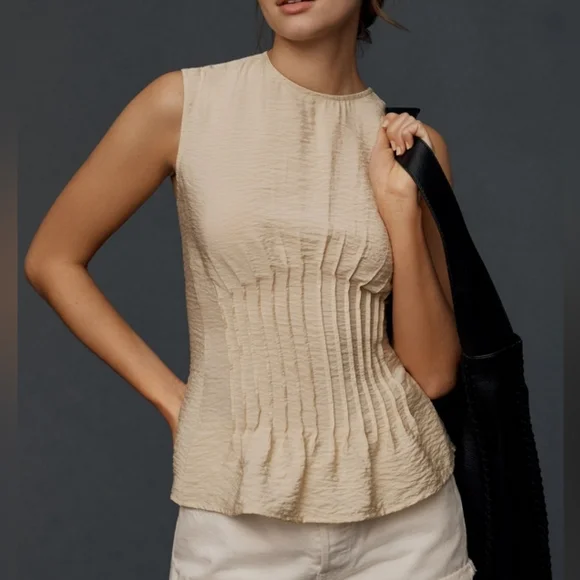 NWT ANTHRO | The Della Pleated Shell Top (Beige) - Picture 1 of 8